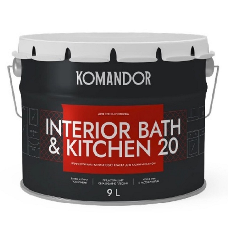 Краска влагостойкая KOMANDOR Interior Bath & Kitchen 20 База A 9л купить в  Екатеринбурге в интернет-магазине ДОМ