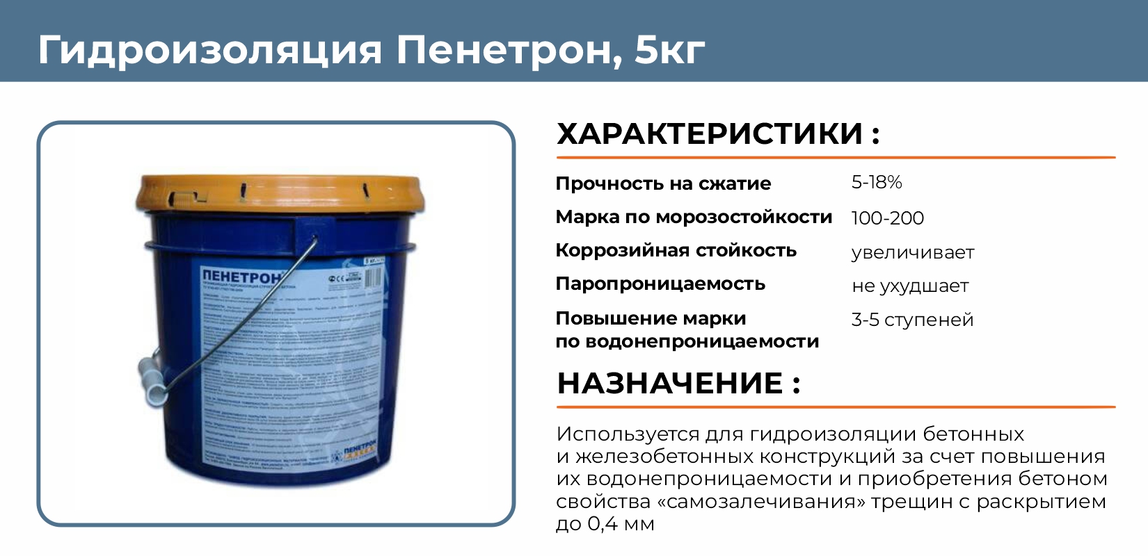 Гидроизоляция Пенетрон 5кг для поверх.бетона купить в Екатеринбурге в  интернет-магазине ДОМ