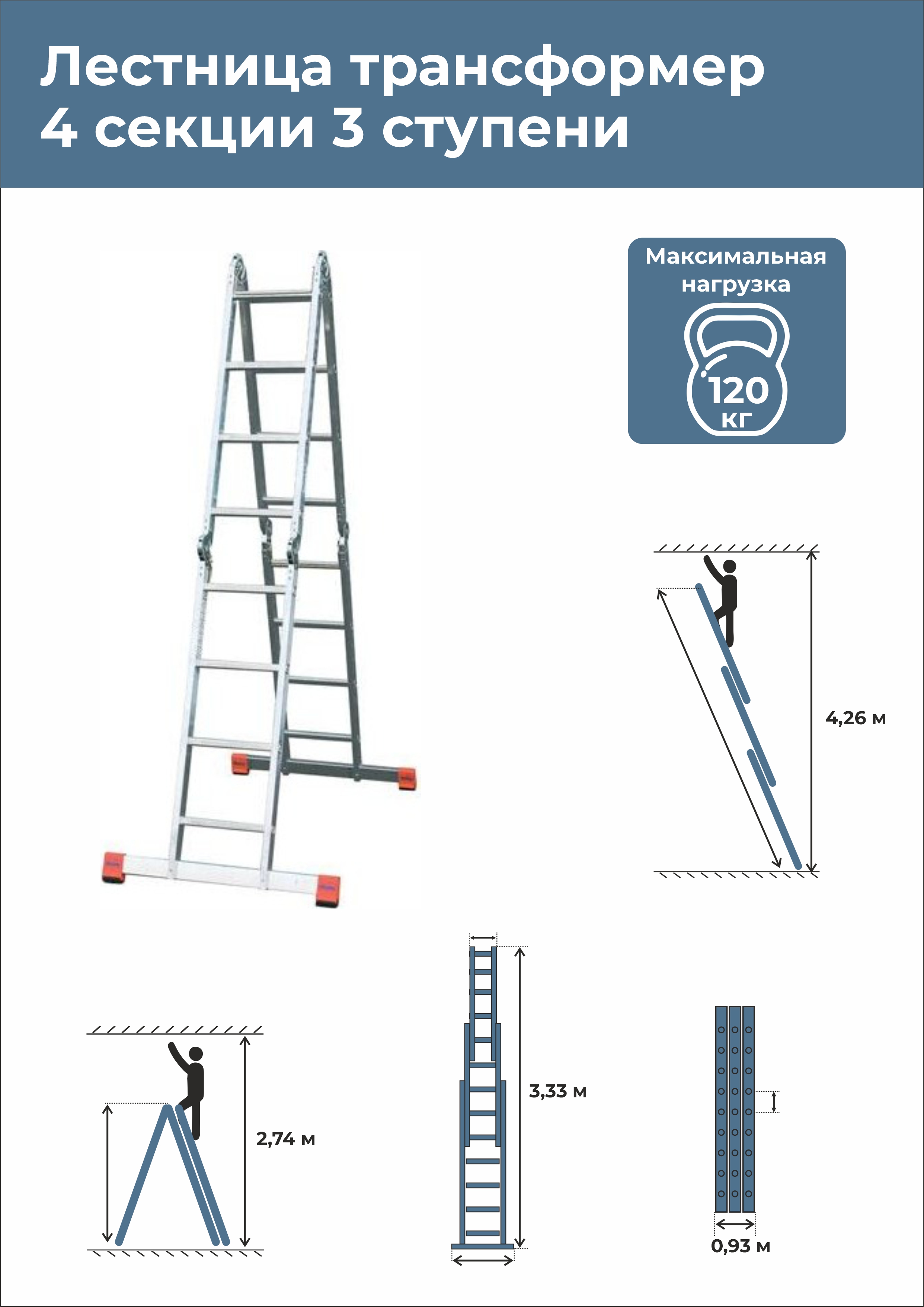 Лестница трансформер 4 секции 3 ступени до 4,5м купить в Екатеринбурге в  интернет-магазине ДОМ